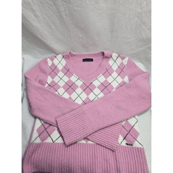 Point Zero XL Nicole Benisti Pink And White Argyle Sweater- Y2K- XL fits Smaller - Picture 2 of 16